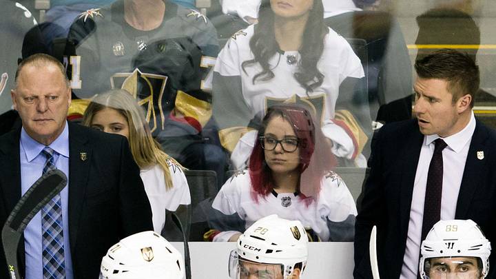 Apr 30, 2018; San Jose, CA, USA; Vegas Golden Knights head coach Gerard Gallant (center) and assistant coaches Mike Kelly (left) and Ryan Craig (right) watch the game against the San Jose Sharks in the third period of game three of the second round of the 2018 Stanley Cup Playoffs at SAP Center at San Jose. Mandatory Credit: John Hefti-Imagn Images