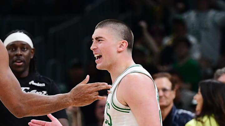 Apr 20, 2025; Boston, Massachusetts, USA; Boston Celtics guard Payton Pritchard (11) reacts with center Al Horford (42) after making a three point basket during the second half against the Orlando Magic at TD Garden. Mandatory Credit: Bob DeChiara-Imagn Images Apr 20, 2025; Boston, Massachusetts, USA; Boston Celtics guard Payton Pritchard (11) reacts with center Al Horford (42) after making a three point basket during the second half against the Orlando Magic at TD Garden. Mandatory Credit: Bob DeChiara-Imagn Images