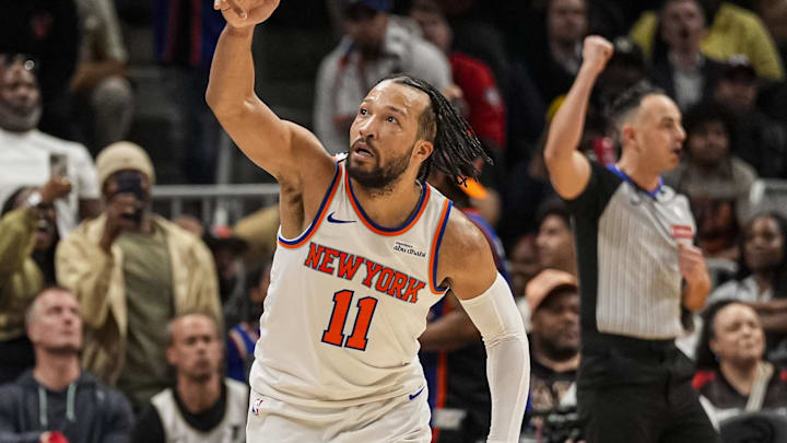 Apr 6, 2026; Atlanta, Georgia, USA; New York Knicks guard Jalen Brunson (11) reacts after making a three point shot against the Atlanta Hawks during the second half at State Farm Arena. Mandatory Credit: Dale Zanine-Imagn Images Apr 6, 2026; Atlanta, Georgia, USA; New York Knicks guard Jalen Brunson (11) reacts after making a three point shot against the Atlanta Hawks during the second half at State Farm Arena. Mandatory Credit: Dale Zanine-Imagn Images