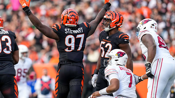 Cincinnati Bengals defensive end Shemar Stewart (97) celebrates a sack in the third quarter of the NFL Week 17 game between the Cincinnati Bengals and the Arizona Cardinals at Paycor Stadium in Downtown Cincinnati on Sunday, Dec. 28, 2025. The Bengals won 37-14.