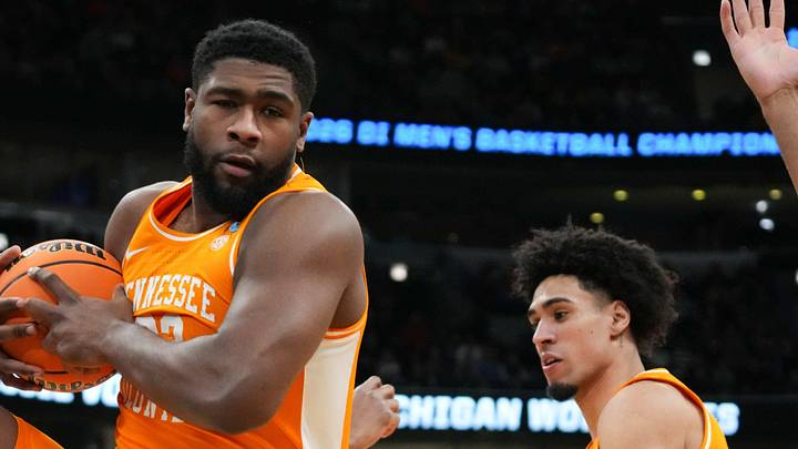 Mar 29, 2026; Chicago, IL, USA; Tennessee Volunteers forward Jaylen Carey (23) grabs a rebound in the first half against the Michigan Wolverines during an Elite Eight game of the Midwest Regional of the men's 2026 NCAA Tournament at United Center. 