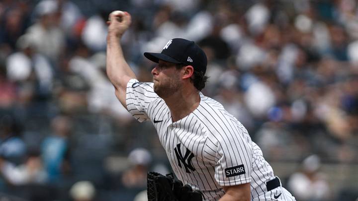 New York Yankees pitcher Gerrit Cole (45) pitches against the Atlanta Braves during the first inning at Yankee Stadium. Mandatory Credit: John Jones-Imagn Images New York Yankees pitcher Gerrit Cole (45) pitches against the Atlanta Braves during the first inning at Yankee Stadium. Mandatory Credit: John Jones-Imagn Images