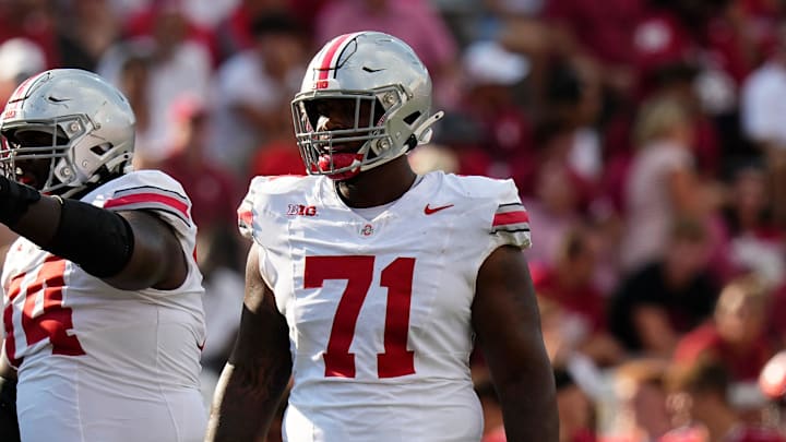 Sep 2, 2023; Bloomington, Indiana, USA; Ohio State Buckeyes offensive lineman Josh Simmons (71) lines up beside offensive lineman Donovan Jackson (74) during the NCAA football game at Indiana University Memorial Stadium. Ohio State won 23-3.