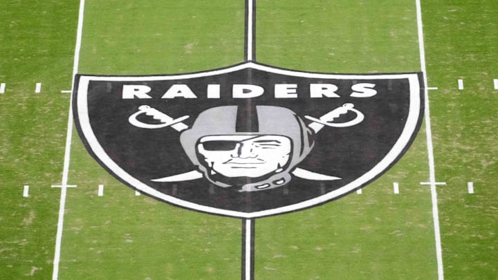 Jan 4, 2026; Paradise, Nevada, USA; The Las Vegas Raiders shield logo at midfield at Allegiant Stadium. Mandatory Credit: Kirby Lee-Imagn Images
