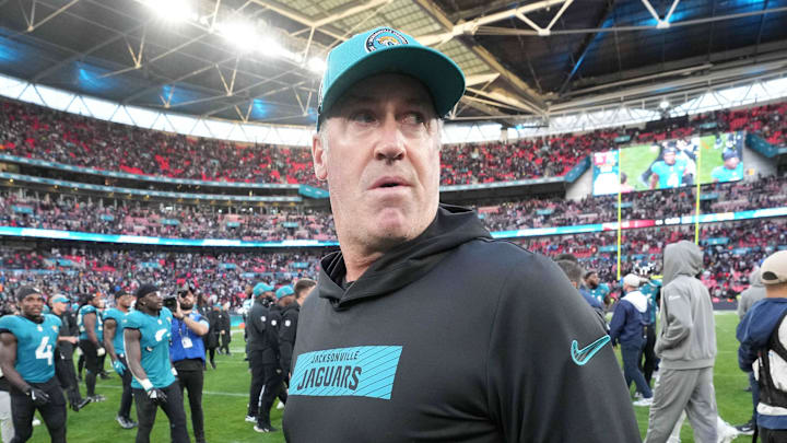 Oct 20, 2024; London, United Kingdom; Jacksonville Jaguars coach Doug Pederson reacts after an NFL International Series game against the New England Patriots at Wembley Stadium. Mandatory Credit: Kirby Lee-Imagn Images