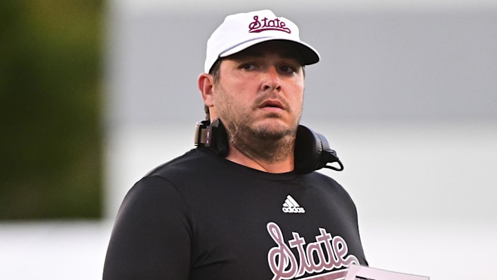 Mississippi State Bulldogs coach Jeff Lebby walks off the field between plays during the third quarter against the Texas A&M Aggies at Davis Wade Stadium at Scott Field. Mississippi State Bulldogs coach Jeff Lebby walks off the field between plays during the third quarter against the Texas A&M Aggies at Davis Wade Stadium at Scott Field.