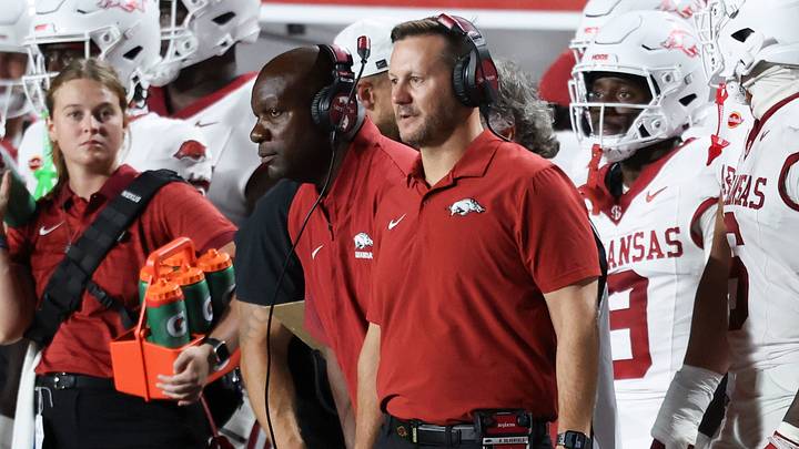 Arkansas Razorbacks head coach Ryan Silverfield looks on against the Utah Utes during the second quarter at Rice-Eccles Stadium. Arkansas Razorbacks head coach Ryan Silverfield looks on against the Utah Utes during the second quarter at Rice-Eccles Stadium.