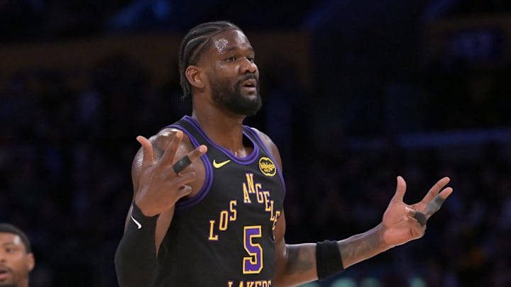 Apr 21, 2026; Los Angeles, California, USA; Los Angeles Lakers center Deandre Ayton (5) reacts on the court after a three-point basket by guard Marcus Smart (36) in the first half of game two of the first round of the 2026 NBA Playoffs against the Houston Rockets at Crypto.com Arena. Mandatory Credit: Jayne Kamin-Oncea-Imagn Images