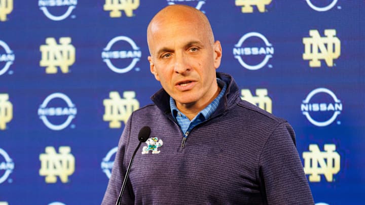 Pete Bevacqua, athletic director for the University of Notre Dame, announces Pat Garrity as the new men's and women's basketball general manager, during a press conference at Notre Dame Stadium on Thursday, May 22, 2025, in South Bend. Pete Bevacqua, athletic director for the University of Notre Dame, announces Pat Garrity as the new men's and women's basketball general manager, during a press conference at Notre Dame Stadium on Thursday, May 22, 2025, in South Bend.