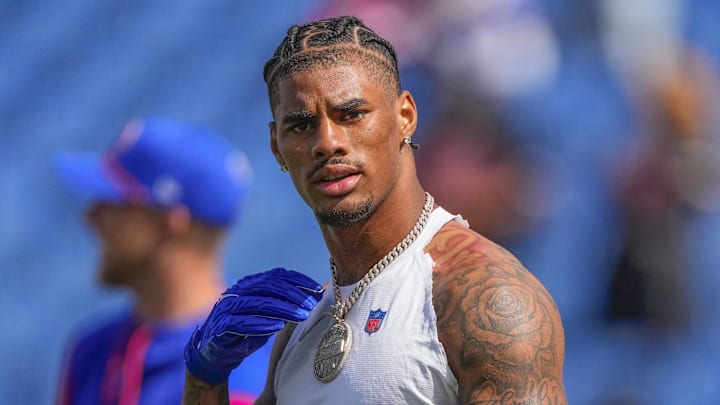 Sep 8, 2024; Orchard Park, New York, USA; Buffalo Bills wide receiver Keon Coleman (0) prior to the game against the Arizona Cardinals at Highmark Stadium. Mandatory Credit: Gregory Fisher-Imagn Images