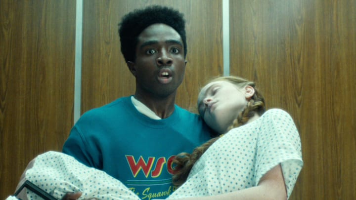 Caleb McLaughlin as Lucas Sinclair and Sadie Sink as Max Mayfield in Stranger Things: Season 5. 