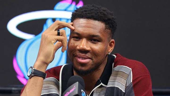 Jul 16, 2026; Miami, FL, USA; Miami Heat forward Giannis Antetokounmpo (7) speaks to reporters during his introductory press conference at Kaseya Center. Mandatory Credit: Sam Navarro-Imagn Images