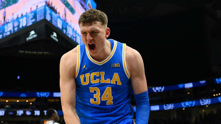 Dec 13, 2025; Seattle, Washington, USA; UCLA Bruins forward Tyler Bilodeau (34) reacts to making a basket against the Gonzaga Bulldogs during the second half at Climate Pledge Arena. Mandatory Credit: Steven Bisig-Imagn Images Dec 13, 2025; Seattle, Washington, USA; UCLA Bruins forward Tyler Bilodeau (34) reacts to making a basket against the Gonzaga Bulldogs during the second half at Climate Pledge Arena. Mandatory Credit: Steven Bisig-Imagn Images