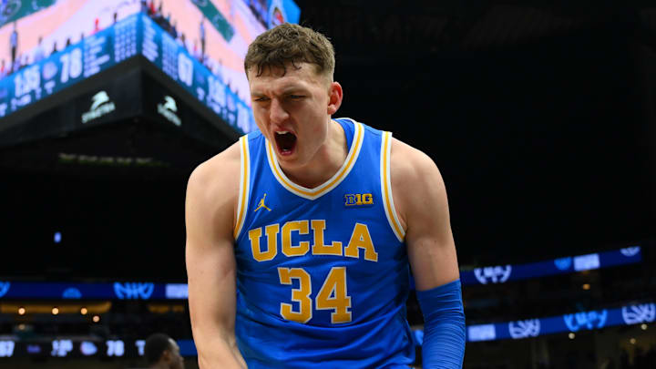 Dec 13, 2025; Seattle, Washington, USA; UCLA Bruins forward Tyler Bilodeau (34) reacts to making a basket against the Gonzaga Bulldogs during the second half at Climate Pledge Arena. Mandatory Credit: Steven Bisig-Imagn Images