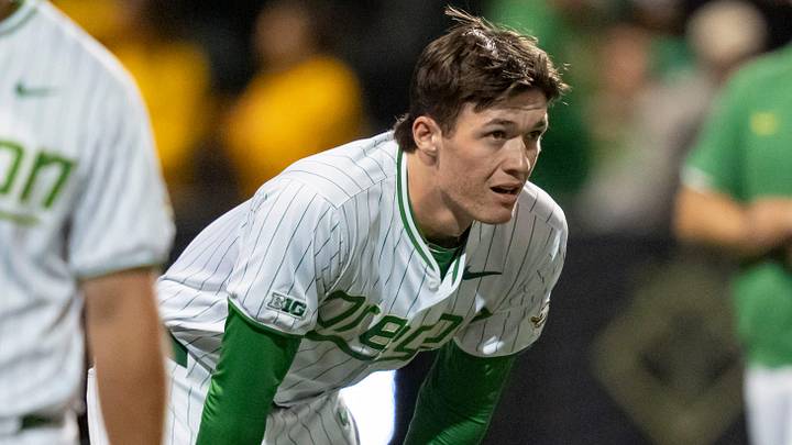Oregon’s Brayden Jaksa reacts to the Ducks’ loss as the Oregon Ducks host the USC Trojans on May 14, 2026, in Eugene, Oregon.