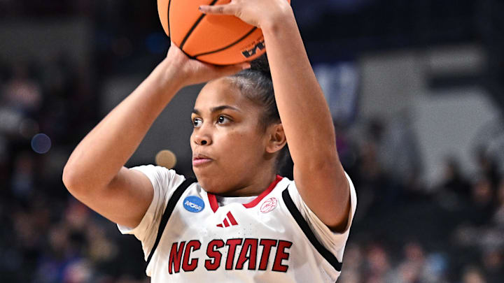 Mar 28, 2025; Spokane, WA, USA; NC State Wolfpack guard Zamareya Jones (3) shoots during the first half of a Sweet 16 NCAA Tournament basketball game against the LSU Lady Tigers at Spokane Arena. Mandatory Credit: James Snook-Imagn Images