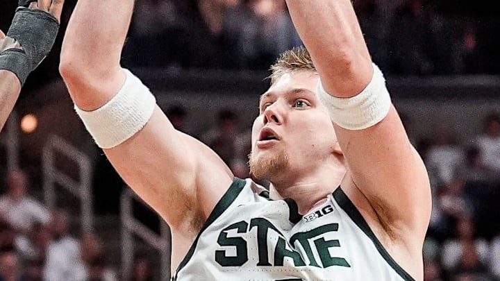 Michigan State forward Jaxon Kohler (0) makes a jump shot against Duke during the first half at Breslin Center in East Lansing on Saturday, Dec. 6, 2025.