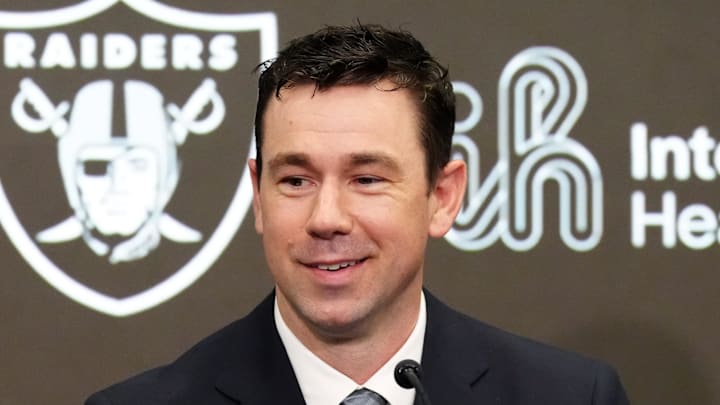 Feb 10, 2026; Henderson, NV, USA; Las Vegas Raiders coach Klint Kubiak speaks at introductory press conference at Intermountain Health Performance Center. Mandatory Credit: Kirby Lee-Imagn Images