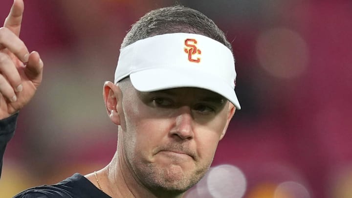 Sep 9, 2023; Los Angeles, California, USA; Southern California Trojans head coach Lincoln Riley gestures during the game against the Stanford Cardinal at United Airlines Field at Los Angeles Memorial Coliseum. Mandatory Credit: Kirby Lee-Imagn Images
