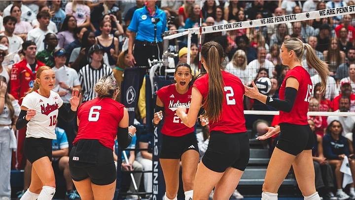 Nebraska Cornhuskers celebrate against Penn State Nittany Lions at Rec Hall on October 1, 2026 Nebraska Cornhuskers celebrate against Penn State Nittany Lions at Rec Hall on October 1, 2026