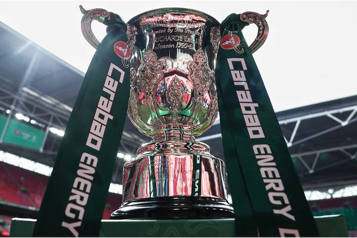 The Carabao Cup final trophy ahead of Arsenal's clash with Manchester City at Wembley Stadium. 