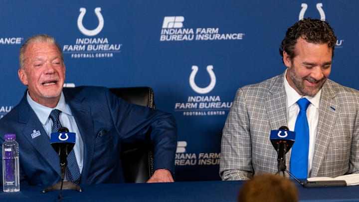Jim Irsay, owner, and new interim head coach Jeff Saturday have a laugh on Monday, Nov. 7, 2022, during a press conference at the Colts headquarters in Indianapolis.