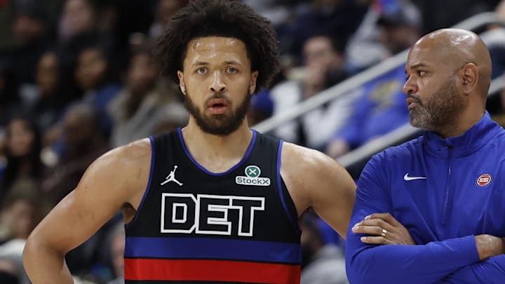 Mar 1, 2025; Detroit, Michigan, USA; Detroit Pistons head coach J.B. Bickerstaff talks to guard Cade Cunningham (2) in the second half against the Brooklyn Nets at Little Caesars Arena. Mandatory Credit: Rick Osentoski-Imagn Images Mar 1, 2025; Detroit, Michigan, USA; Detroit Pistons head coach J.B. Bickerstaff talks to guard Cade Cunningham (2) in the second half against the Brooklyn Nets at Little Caesars Arena. Mandatory Credit: Rick Osentoski-Imagn Images