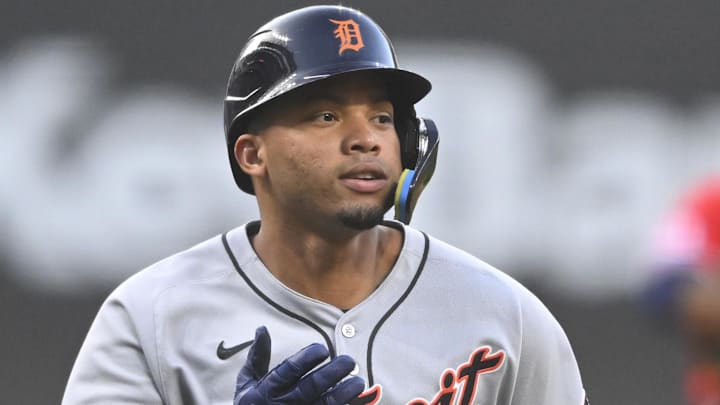 Sep 25, 2025; Cleveland, Ohio, USA; Detroit Tigers right fielder Wenceel Perez (46) celebrates his solo home run in the first inning against the Cleveland Guardians at Progressive Field. Mandatory Credit: David Richard-Imagn Images