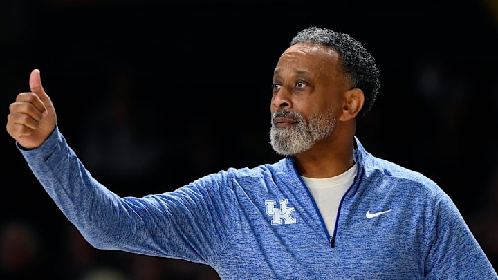 Kentucky head coach Kenny Brooks gestures to his players during an NCAA college basketball game against Vanderbilt Sunday, Jan. 5, 2025, in Nashville, Tenn. Kentucky won 96-78. Kentucky head coach Kenny Brooks gestures to his players during an NCAA college basketball game against Vanderbilt Sunday, Jan. 5, 2025, in Nashville, Tenn. Kentucky won 96-78.