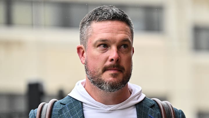 Nov 8, 2025; Iowa City, Iowa, USA; Oregon Ducks head coach Dan Lanning enters Kinnick Stadium before the game against the Iowa Hawkeyes