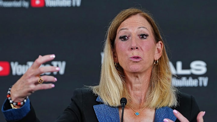 Oct 3, 2025; Las Vegas, Nevada, USA; WNBA Commissioner Cathy Engelbert talks during a presser before the start of game one of the 2025 WNBA Finals between the Phoenix Mercury and the Las Vegas Aces at Michelob Ultra Arena. Mandatory Credit: Stephen R. Sylvanie-Imagn Images