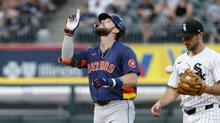 Jun 18, 2024; Chicago, Illinois, USA; Houston Astros outfielder Trey Cabbage (38) celebrates after hitting a double against the Chicago White Sox during the third inning at Guaranteed Rate Field.