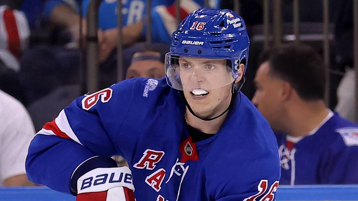 Oct 1, 2026; New York, New York, USA; New York Rangers right wing Pavel Dorofeyev (16) plays the puck against the Tampa Bay Lightning during the second period at Madison Square Garden. Mandatory Credit: Brad Penner-Imagn Images