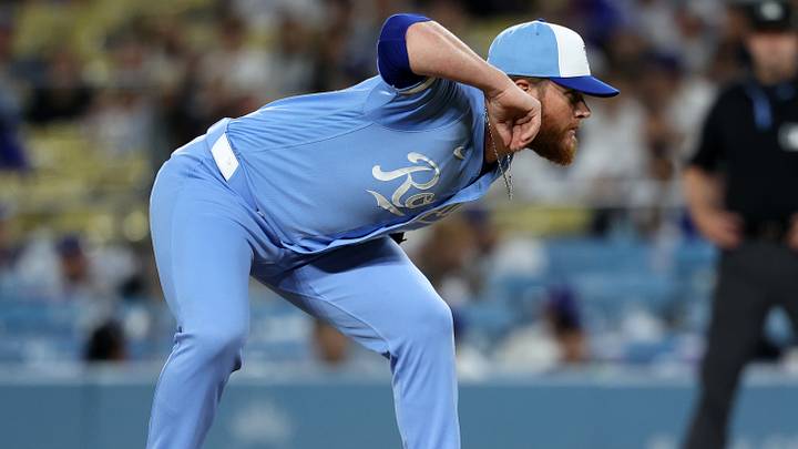 Aug 12, 2026; Los Angeles, California, USA;  Kansas City Royals pitcher Craig Kimbrel (26) pitches during the eighth inning against the Los Angeles Dodgers at Dodger Stadium. Mandatory Credit: Kiyoshi Mio-Imagn Images