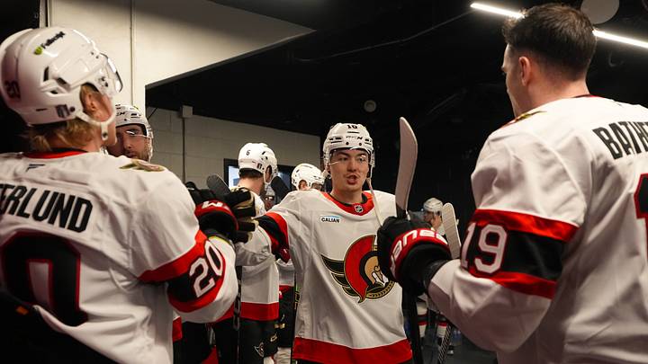 Apr 18, 2026; Raleigh, North Carolina, USA;Ottawa Senators defenseman Jordan Spence (10) left wing Fabian Zetterlund (20) and right wing Drake Batherson (19) get ready outside the locker room before the warmups against the Carolina Hurricanes in game one of the first round of the 2026 Stanley Cup Playoffs at Lenovo Center. Mandatory Credit: James Guillory-Imagn Images Apr 18, 2026; Raleigh, North Carolina, USA;Ottawa Senators defenseman Jordan Spence (10) left wing Fabian Zetterlund (20) and right wing Drake Batherson (19) get ready outside the locker room before the warmups against the Carolina Hurricanes in game one of the first round of the 2026 Stanley Cup Playoffs at Lenovo Center. Mandatory Credit: James Guillory-Imagn Images