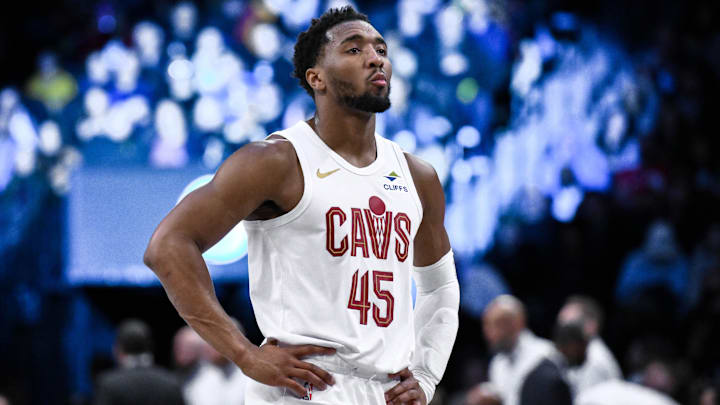 Feb 20, 2025; Brooklyn, New York, USA; Cleveland Cavaliers guard Donovan Mitchell (45) during the second half against the Brooklyn Nets at Barclays Center. Mandatory Credit: John Jones-Imagn Images Feb 20, 2025; Brooklyn, New York, USA; Cleveland Cavaliers guard Donovan Mitchell (45) during the second half against the Brooklyn Nets at Barclays Center. Mandatory Credit: John Jones-Imagn Images