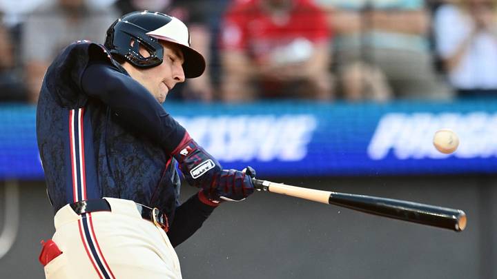 May 29, 2026; Cleveland, Ohio, USA; Cleveland Guardians right fielder Chase DeLauter (24) hits a single during the first inning against the Boston Red Sox at Progressive Field. Mandatory Credit: Ken Blaze-Imagn Images May 29, 2026; Cleveland, Ohio, USA; Cleveland Guardians right fielder Chase DeLauter (24) hits a single during the first inning against the Boston Red Sox at Progressive Field. Mandatory Credit: Ken Blaze-Imagn Images