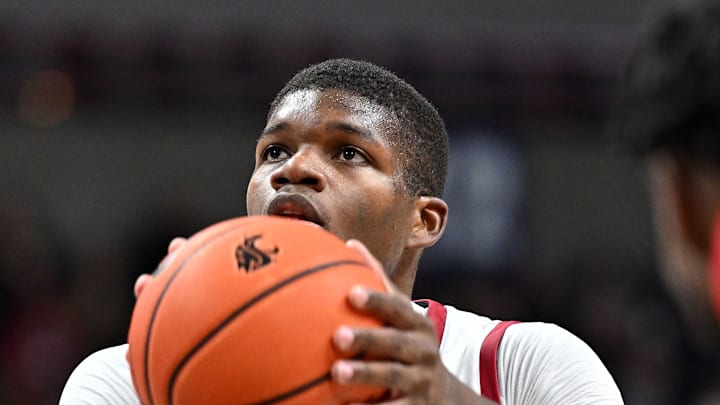 Nov 21, 2024; Spokane, Washington, USA; Washington State Cougars guard Cedric Coward (0) shoots a free throw against the Eastern Washington Eagles in the second half at Spokane Veterans Memorial Arena. Mandatory Credit: James Snook-Imagn Images