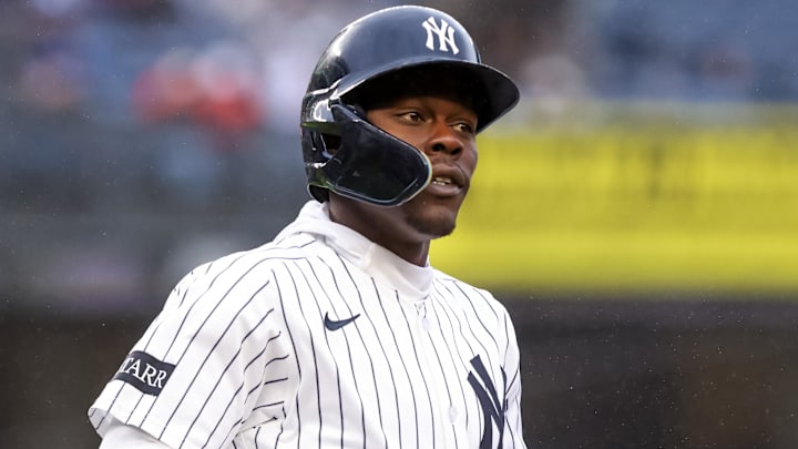 Apr 12, 2025; Bronx, New York, USA; New York Yankees third base Jazz Chisholm Jr. (13) reacts after an out against the San Francisco Giants during the third inning at Yankee Stadium