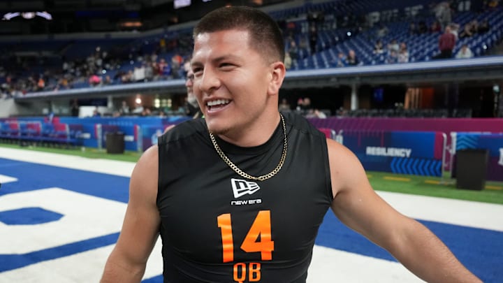Feb 28, 2026; Indianapolis, IN, USA; Vanderbilt quarterback Diego Pavia (QB14) during the NFL Scouting Combine at Lucas Oil Stadium. Mandatory Credit: Kirby Lee-Imagn Images