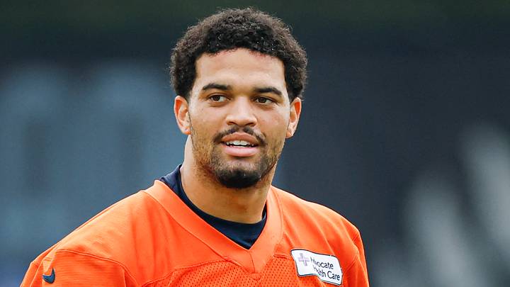 Aug 5, 2026; Lake Forest, IL, USA; Chicago Bears quarterback Caleb Williams (18) stands on the field during training camp at Halas Hall. Mandatory Credit: Kamil Krzaczynski-Imagn Images