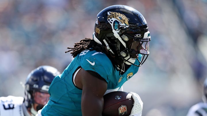 Oct 12, 2025; Jacksonville, Florida, USA; Jacksonville Jaguars wide receiver Brian Thomas Jr. (7) scores a touchdown that is called back for a flag during the second half against the Seattle Seahawks at EverBank Stadium. Mandatory Credit: Morgan Tencza-Imagn Images
