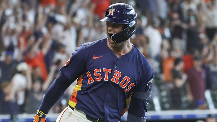 May 25, 2025; Houston, Texas, USA; Houston Astros first baseman Christian Walker (8) shouts after hitting a walk-off home run during the ninth inning against the Seattle Mariners at Daikin Park