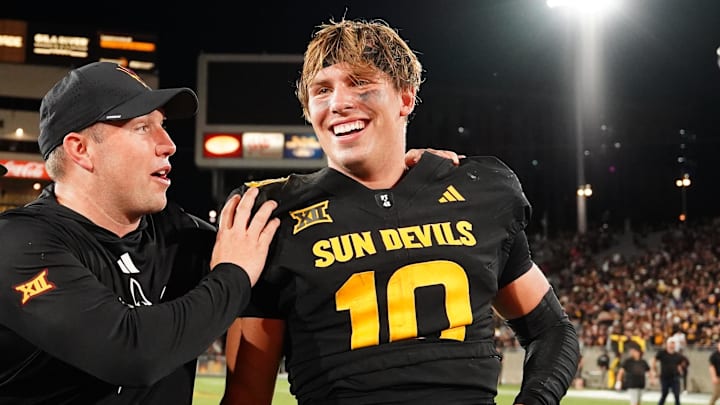 Sep 26, 2025; Tempe, Arizona, USA; Arizona State Sun Devils quarterback Sam Leavitt (10) celebrates with head coach Kenny Dillingham after win against TCU Horned Frogs at Mountain America Stadium, Home of the ASU Sun Devils. Mandatory Credit: Jacob Reiner-Imagn Images