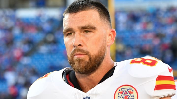 Nov 2, 2025; Orchard Park, New York, USA; Kansas City Chiefs tight end Travis Kelce (87) walks the sideline before the game against the Buffalo Bills at Highmark Stadium.
