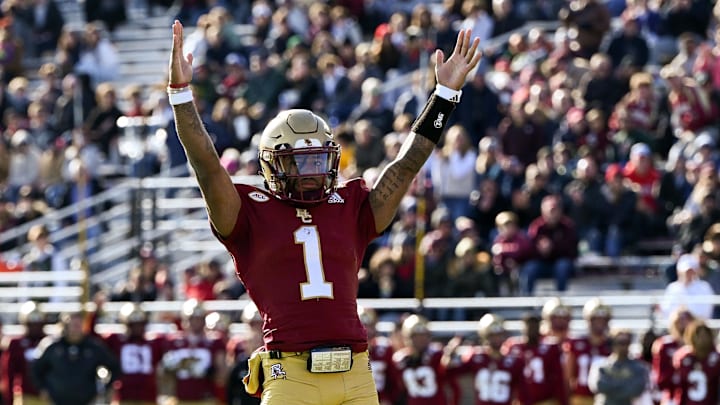 Nov 24, 2023; Chestnut Hill, Massachusetts, USA; Boston College Eagles quarterback Thomas Castellanos (1) reacts after a touchdown against the Miami Hurricanes during the first half at Alumni Stadium. Mandatory Credit: Brian Fluharty-Imagn Images Nov 24, 2023; Chestnut Hill, Massachusetts, USA; Boston College Eagles quarterback Thomas Castellanos (1) reacts after a touchdown against the Miami Hurricanes during the first half at Alumni Stadium. Mandatory Credit: Brian Fluharty-Imagn Images