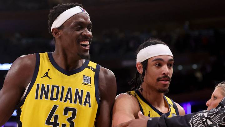 May 19, 2024; New York, New York, USA; Indiana Pacers forward Pascal Siakam (43) and guard Andrew Nembhard (2) celebrate with teammates during the fourth quarter of game seven of the second round of the 2024 NBA playoffs against the New York Knicks at Madison Square Garden. Mandatory Credit: Brad Penner-USA TODAY Sports May 19, 2024; New York, New York, USA; Indiana Pacers forward Pascal Siakam (43) and guard Andrew Nembhard (2) celebrate with teammates during the fourth quarter of game seven of the second round of the 2024 NBA playoffs against the New York Knicks at Madison Square Garden. Mandatory Credit: Brad Penner-USA TODAY Sports
