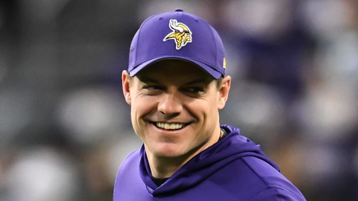 Jan 4, 2026; Minneapolis, Minnesota, USA; Minnesota Vikings head coach Kevin O'Connell is seen during warmups prior to the game against the Green Bay Packers at U.S. Bank Stadium. Mandatory Credit: Jeffrey Becker-Imagn Images