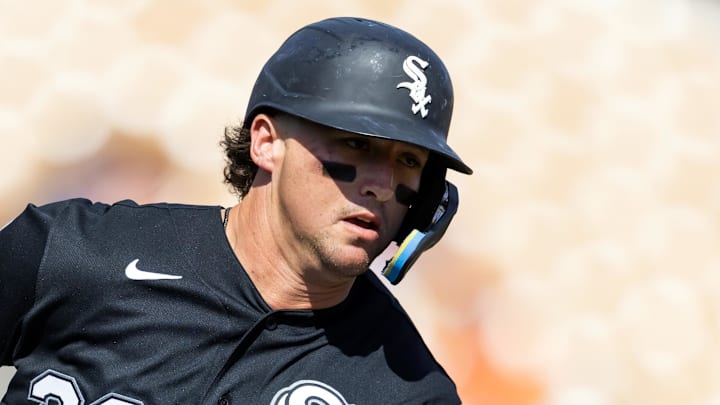 Mar 2, 2026; Phoenix, Arizona, USA; Chicago White Sox catcher Korey Lee against the San Francisco Giants during a spring training game at Camelback Ranch-Glendale. Mandatory Credit: Mark J. Rebilas-Imagn Images
Mar 2, 2026; Phoenix, Arizona, USA; Chicago White Sox catcher Korey Lee against the San Francisco Giants during a spring training game at Camelback Ranch-Glendale. Mandatory Credit: Mark J. Rebilas-Imagn Images