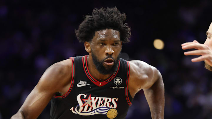 Dec 12, 2025; Philadelphia, Pennsylvania, USA; Philadelphia 76ers center Joel Embiid (21) dribbles the ball against the Indiana Pacers during the second quarter at Xfinity Mobile Arena. Mandatory Credit: Bill Streicher-Imagn Images